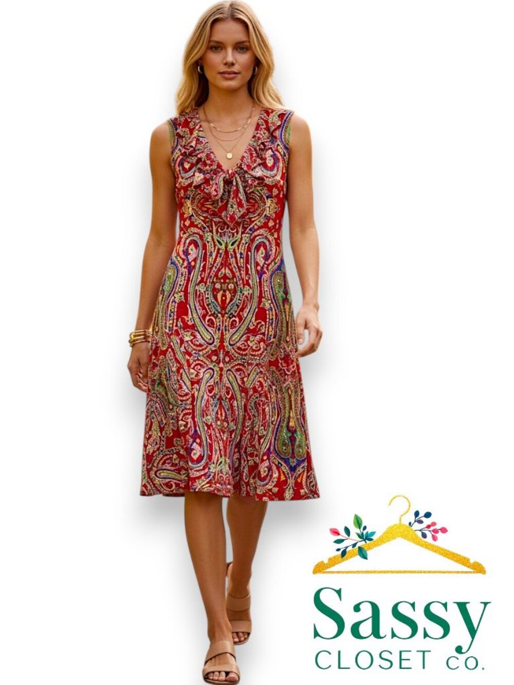 ✨ Lauren Ralph Lauren Red Paisley Cotton Ruffle Dress M 💃